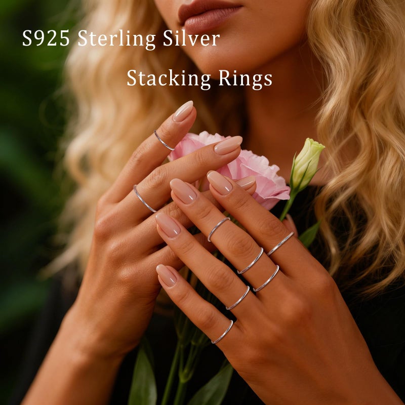 CANDYFANCY 925 Sterling Silver 1.2mm Stacked Midi Thin Rings for Women Knuckle Ring Band Stacking Ring Set Size 2.5-8.5 (Silver 8 Pcs) - Image 2
